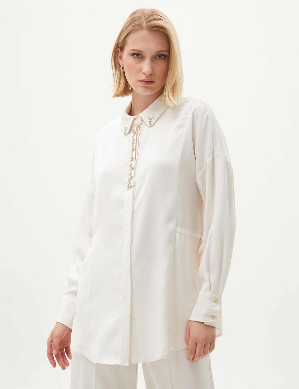 Embroidered Satin Tunic Ecru