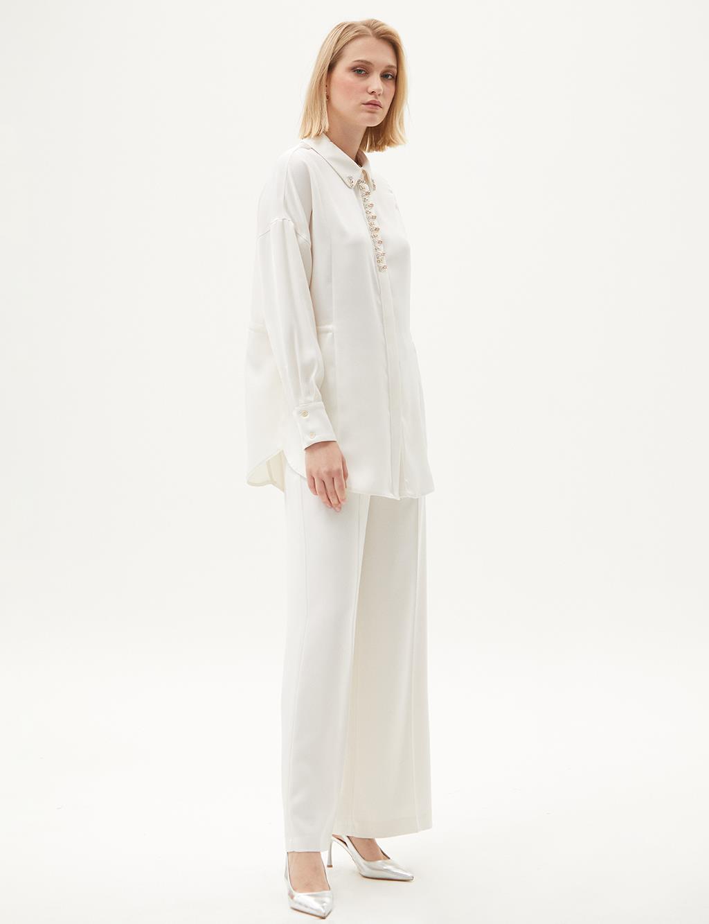 Embroidered Satin Tunic Ecru