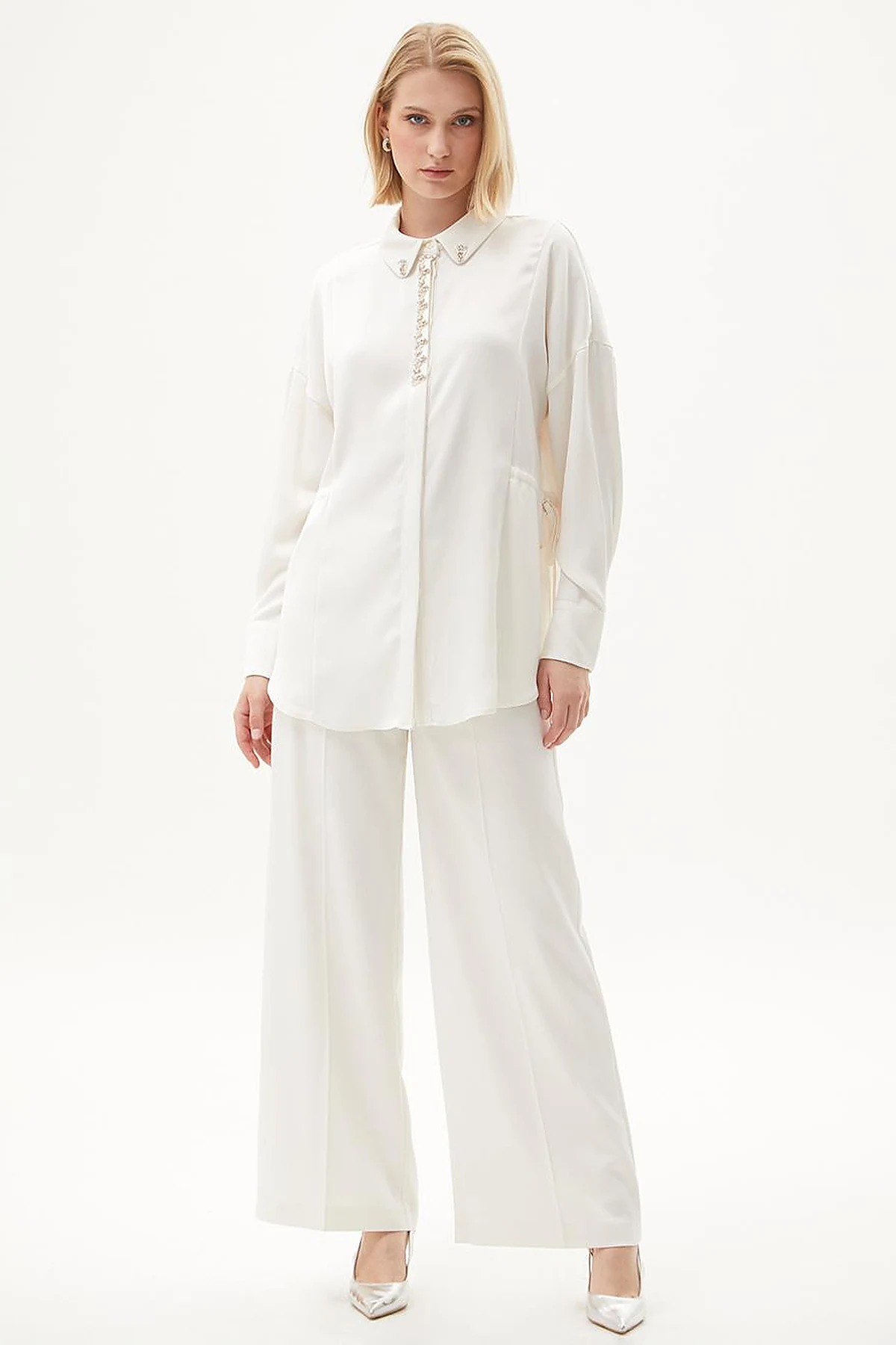 Matte Satin Wide Leg Trousers Ecru