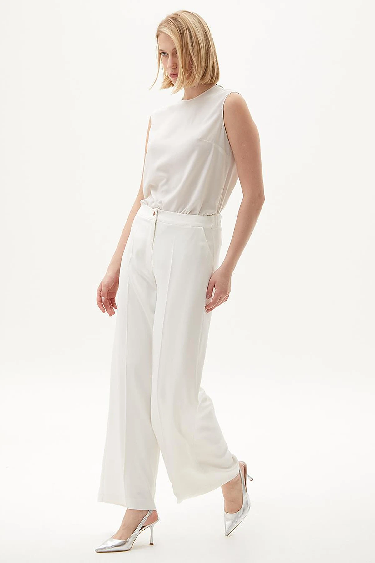 Matte Satin Wide Leg Trousers Ecru