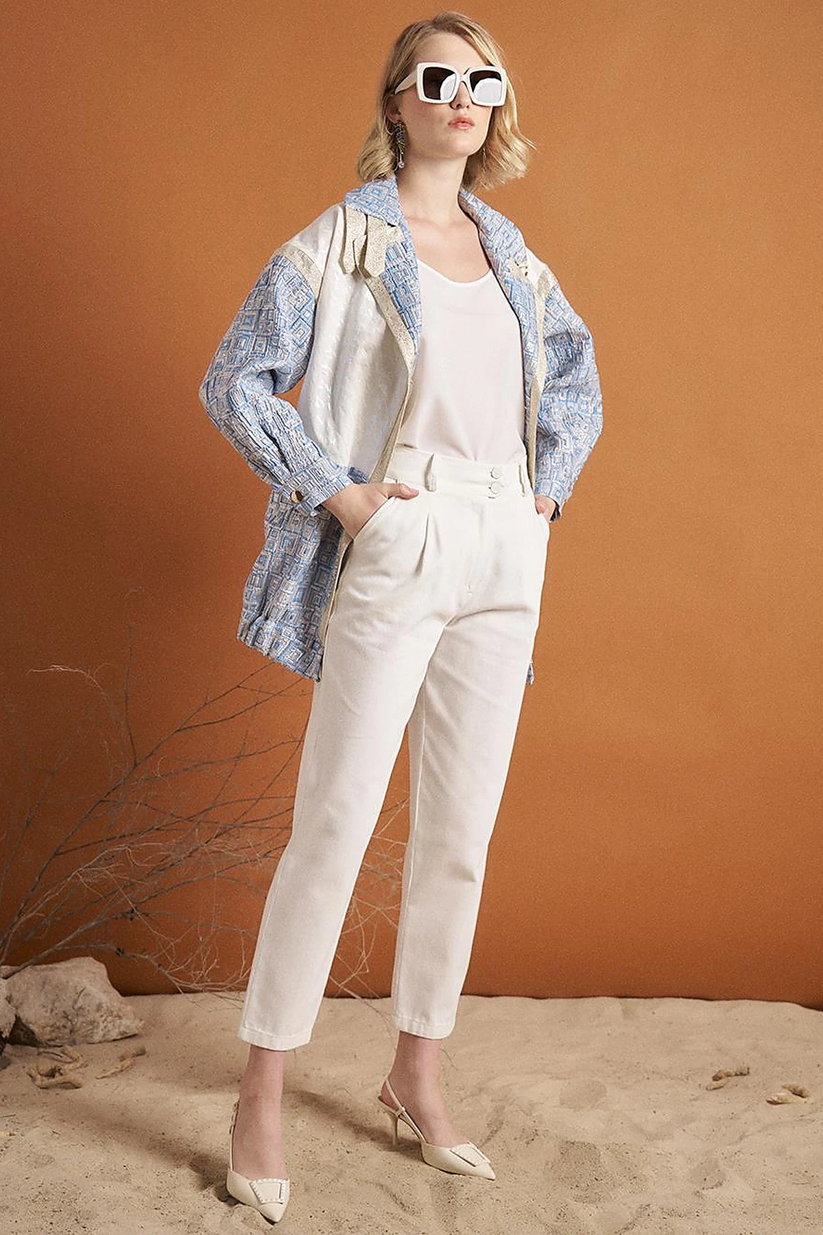 Pleated High Waist Denim Pants Ecru