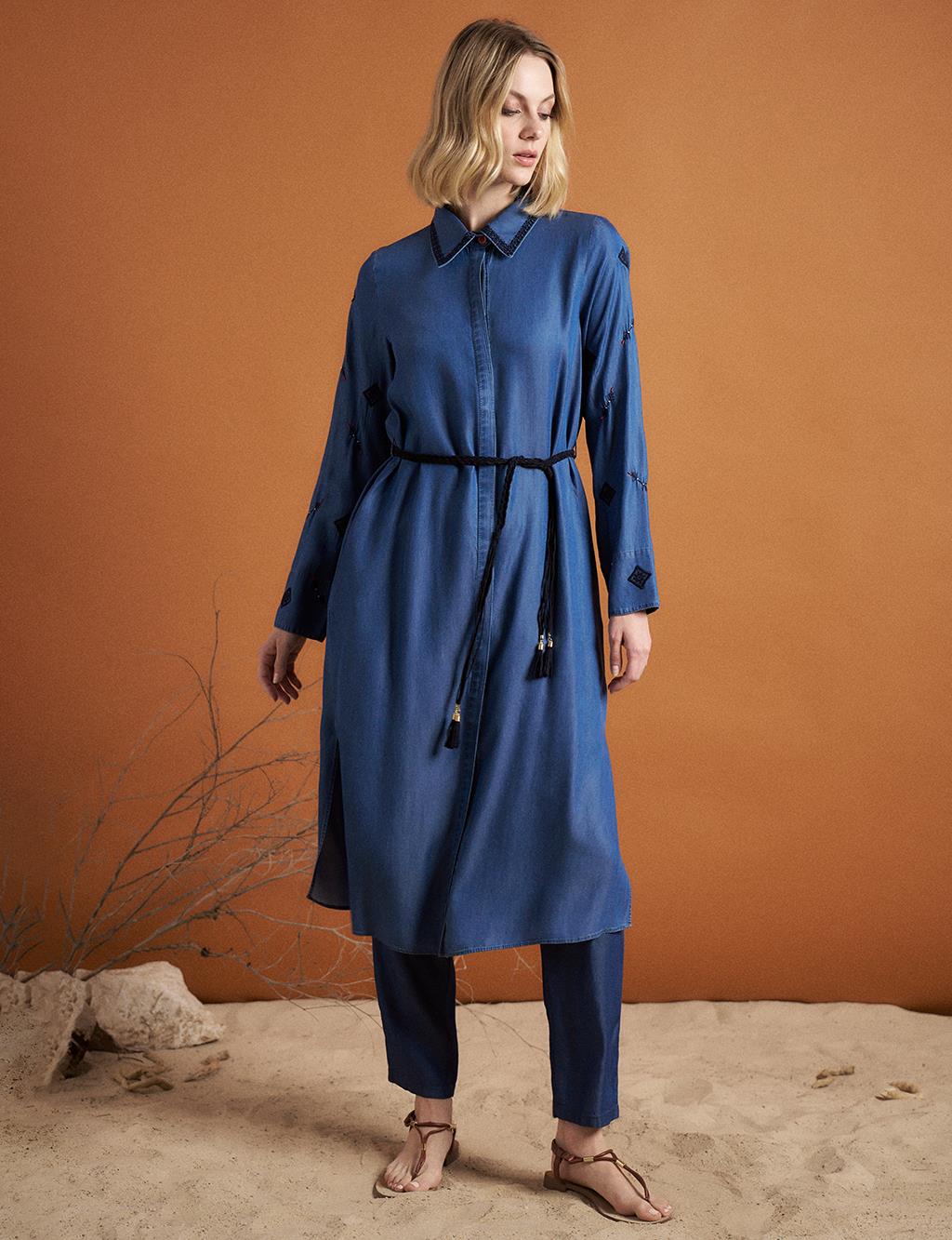 Tencel Long Tunic with Embroidery Detail on Sleeves Indigo