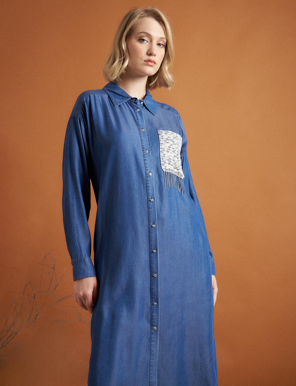 Stone Fringe Detailed Lyocell Tunic Indigo