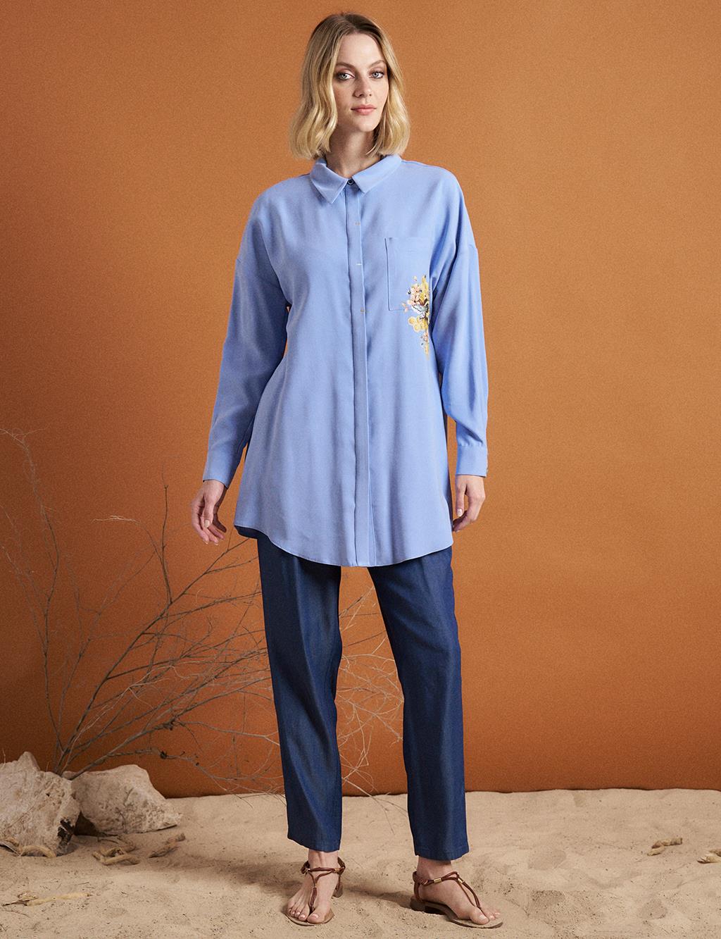 Embroidered Detailed Shirt Collar Tunic Aviator Blue