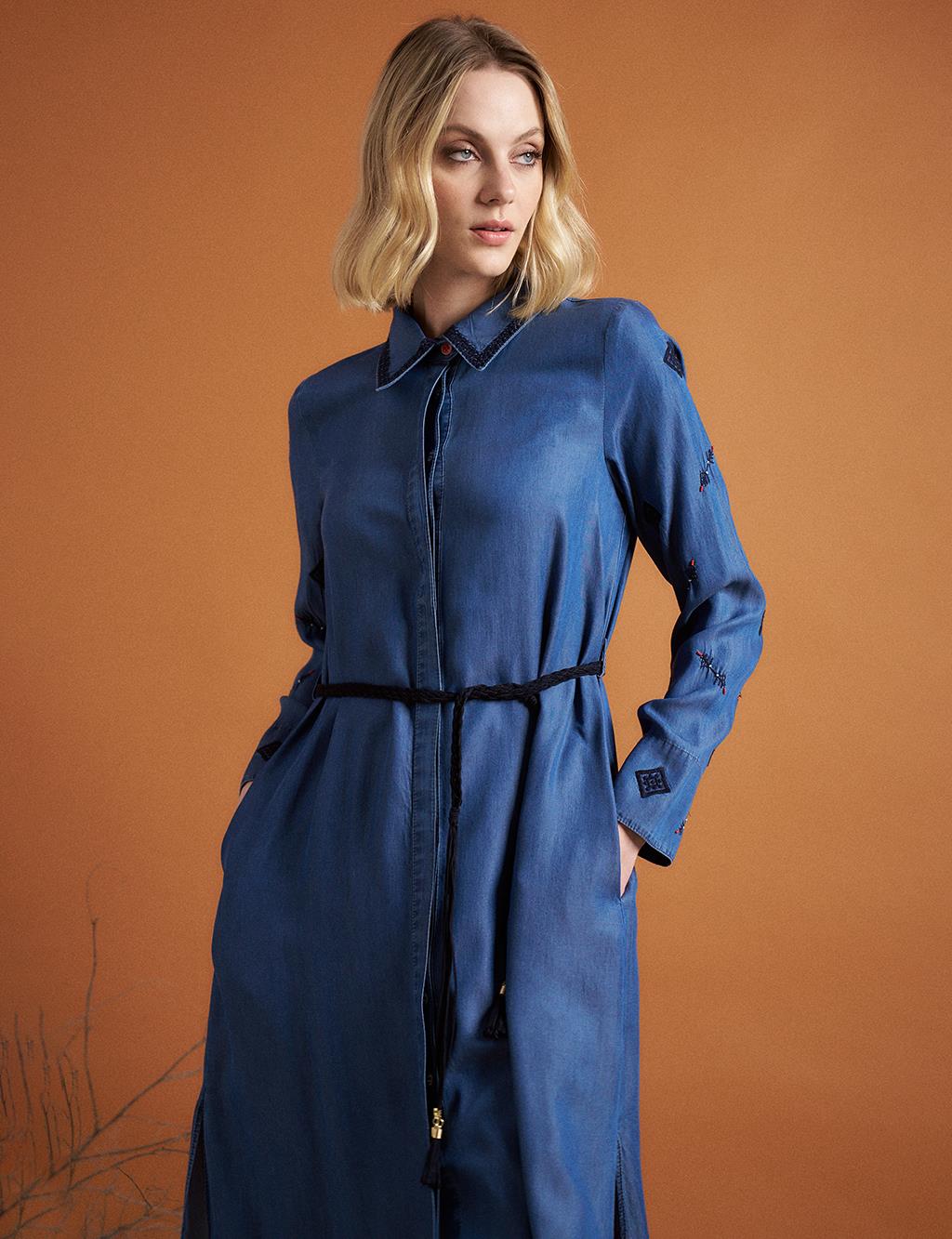 Tencel Long Tunic with Embroidery Detail on Sleeves Indigo