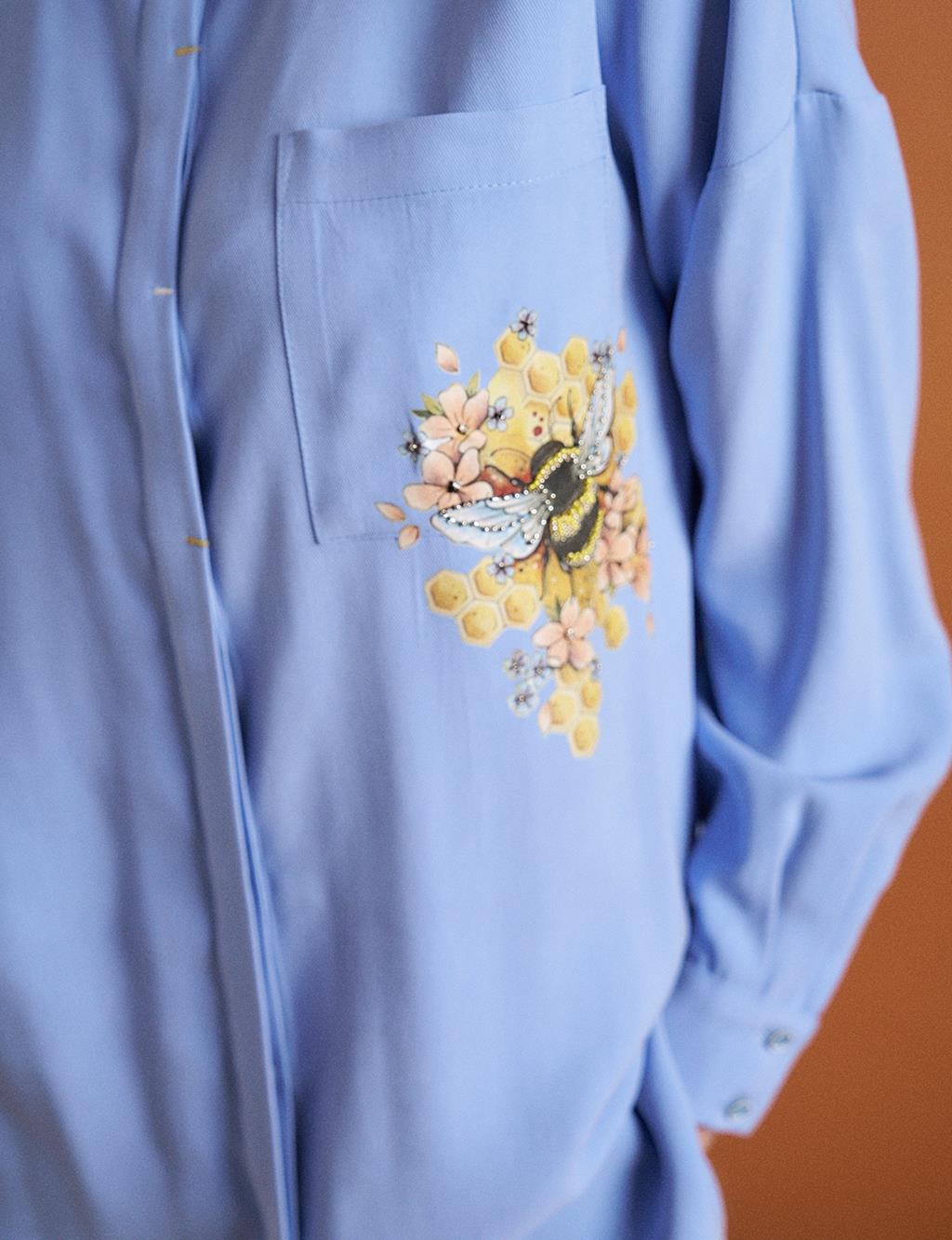 Embroidered Detailed Shirt Collar Tunic Aviator Blue