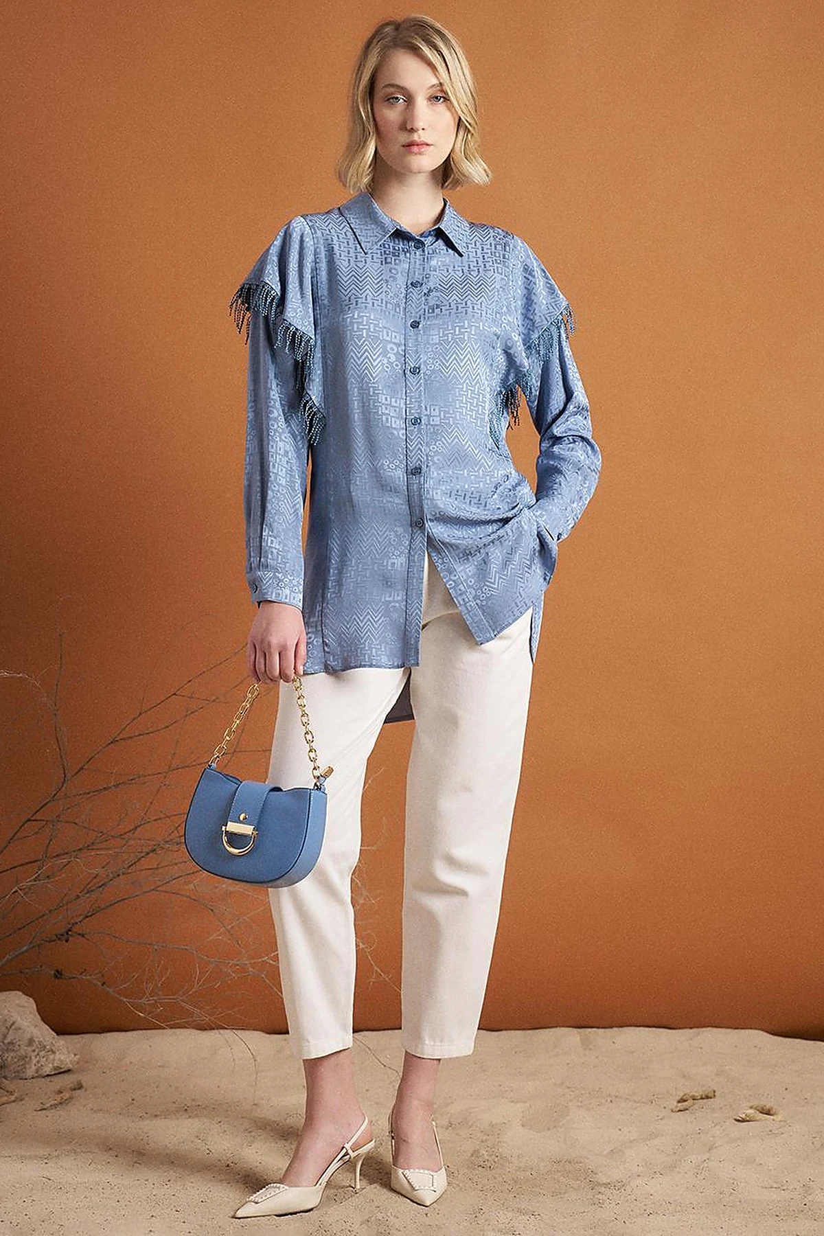 Tassel Detail Abstract Pattern Tunic in Sea Ice