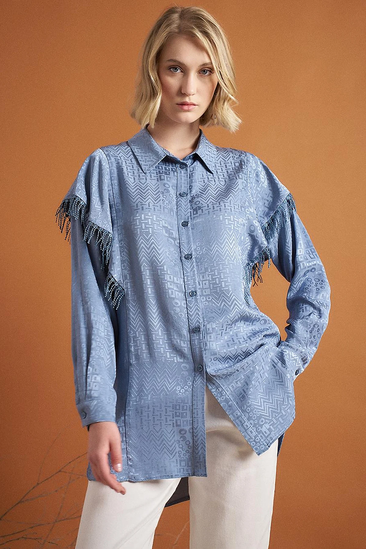 Tassel Detail Abstract Pattern Tunic in Sea Ice