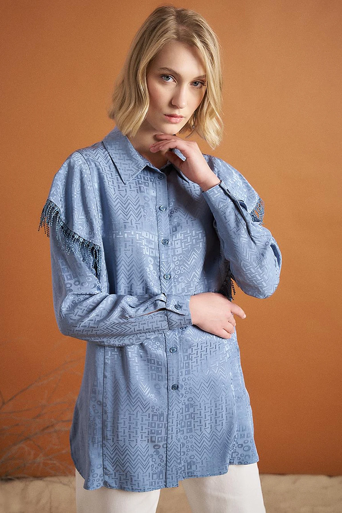 Tassel Detail Abstract Pattern Tunic in Sea Ice