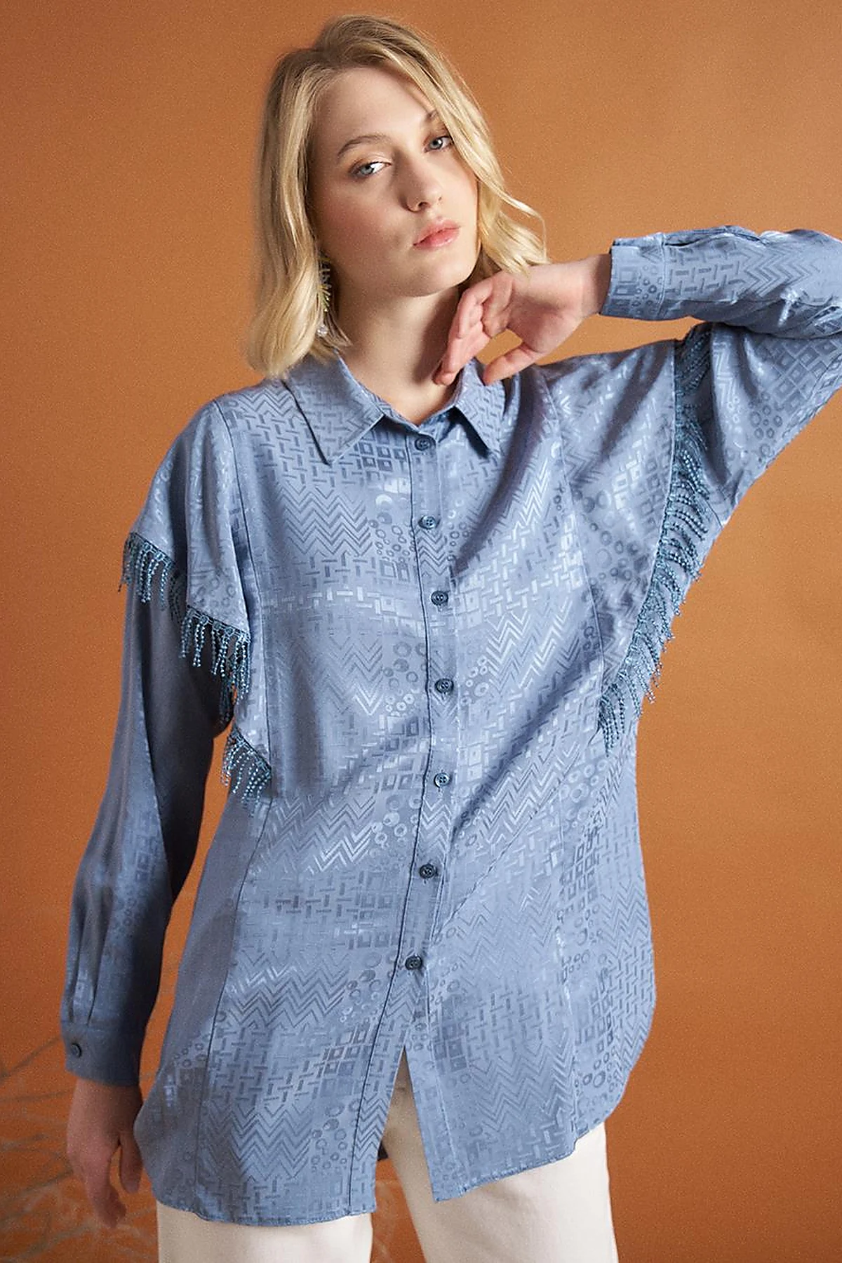 Tassel Detail Abstract Pattern Tunic in Sea Ice
