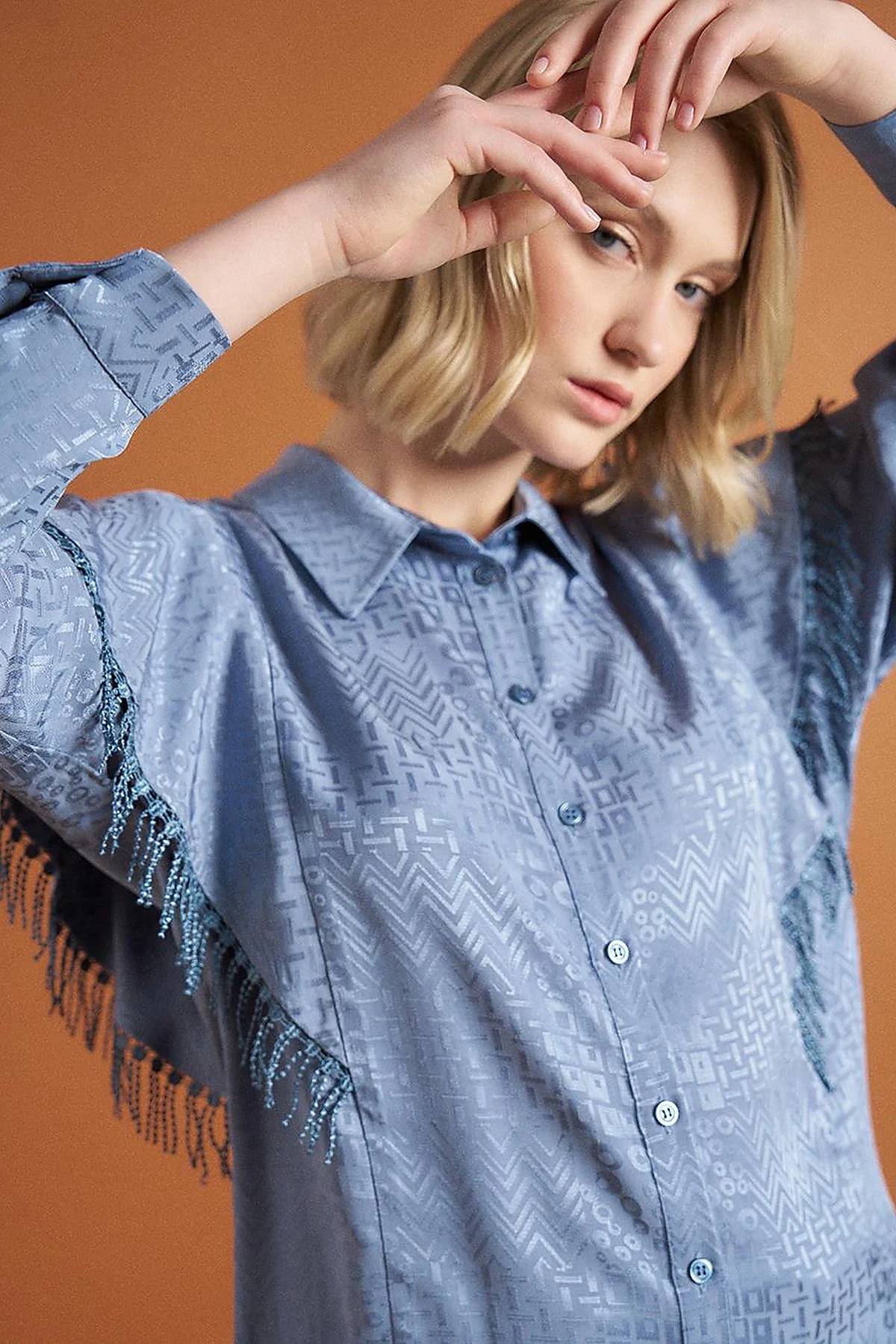 Tassel Detail Abstract Pattern Tunic in Sea Ice