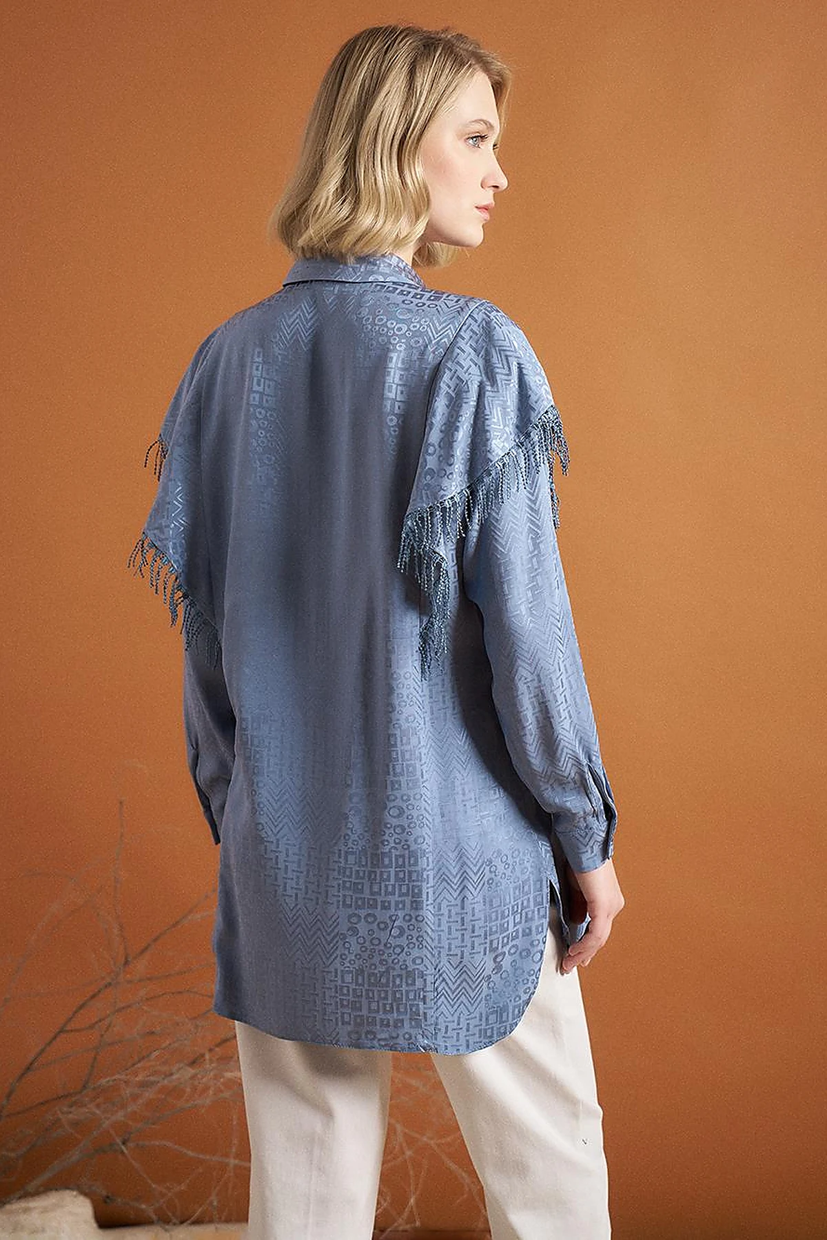 Tassel Detail Abstract Pattern Tunic in Sea Ice