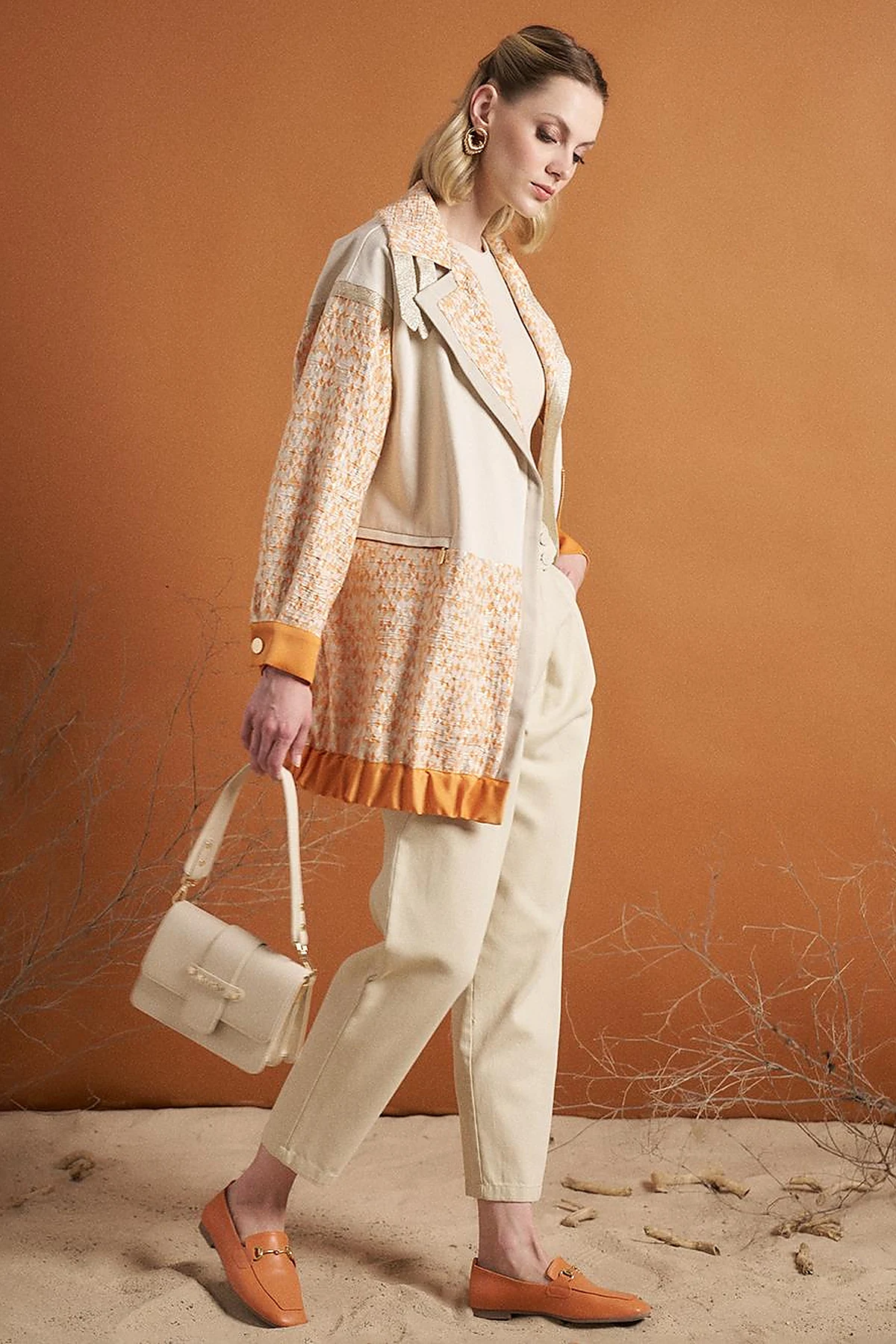 Pleated High Waist Denim Pants Cream