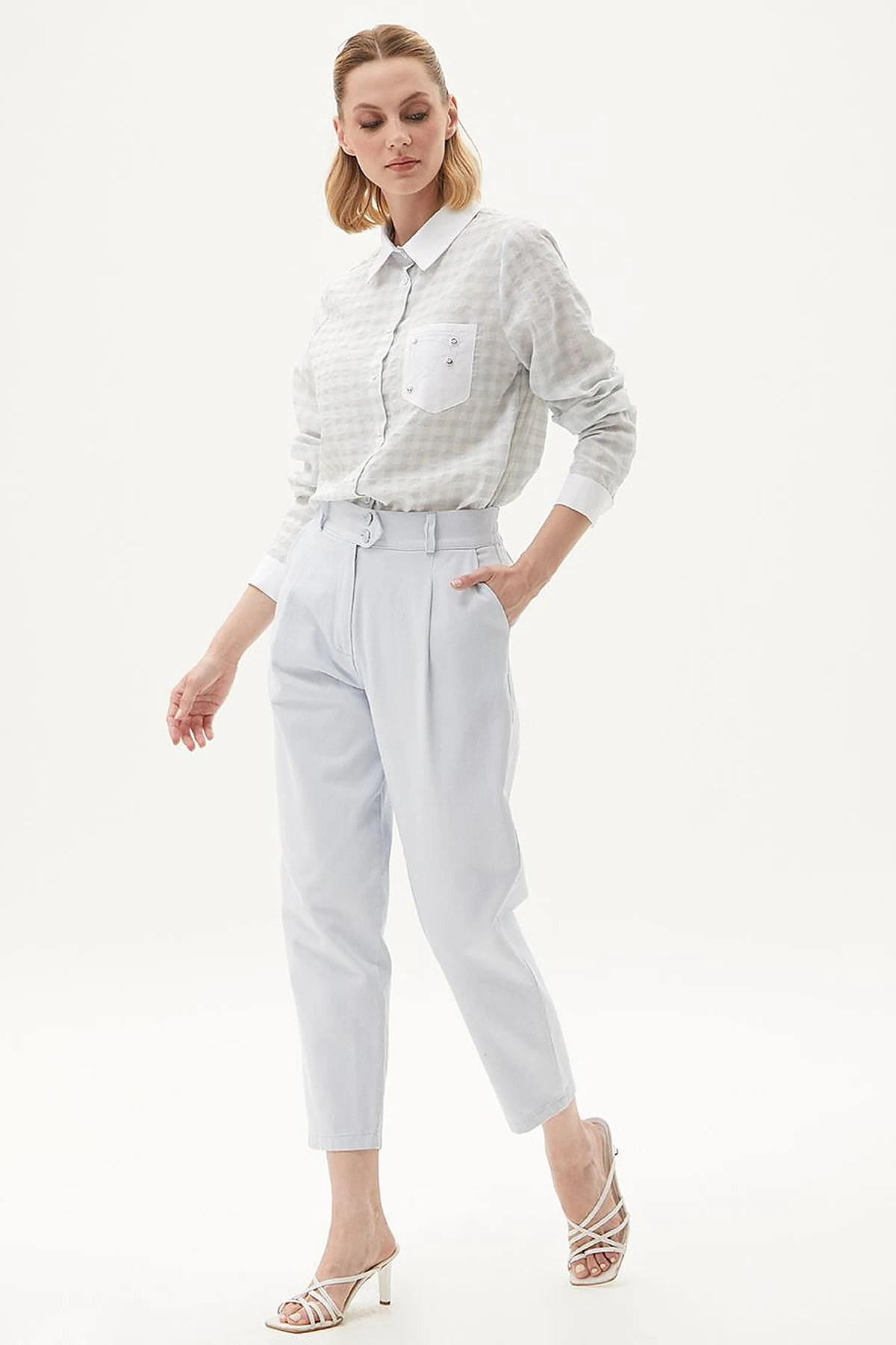 Pleated High Waist Denim Pants Blue