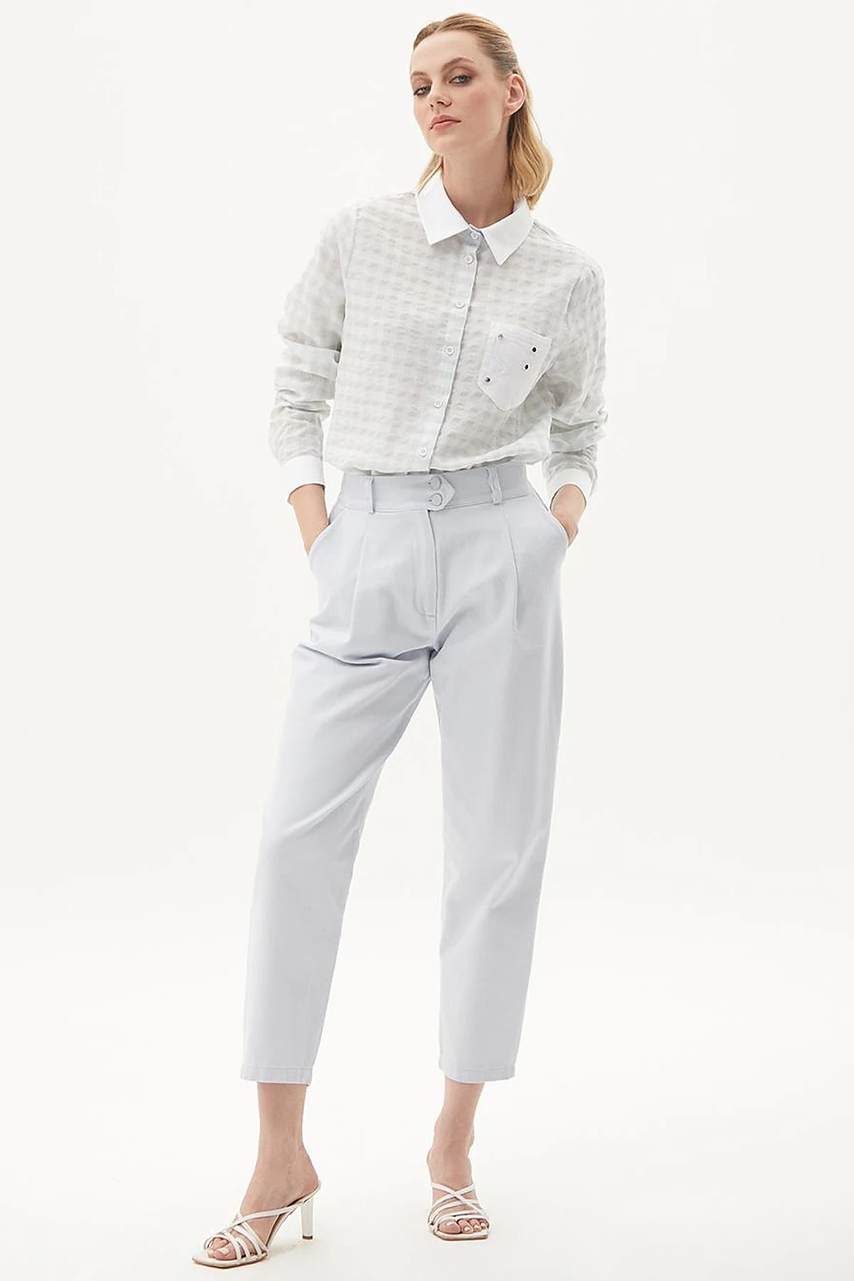 Pleated High Waist Denim Pants Blue