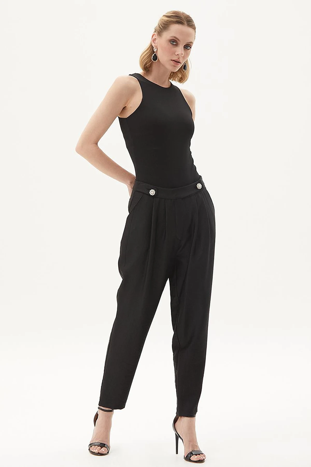 Button Detailed Jacquard Carrot Pants Black