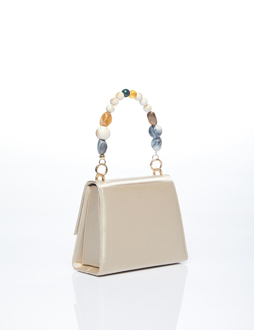 Beaded Cover Satin Bag Cream with Metal Accessories