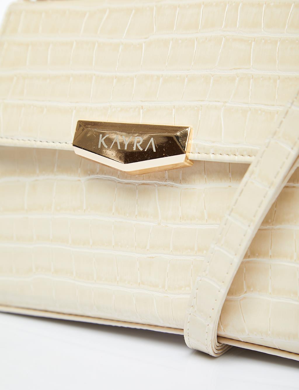 Croco Patterned Covered Envelope Form Bag Cream