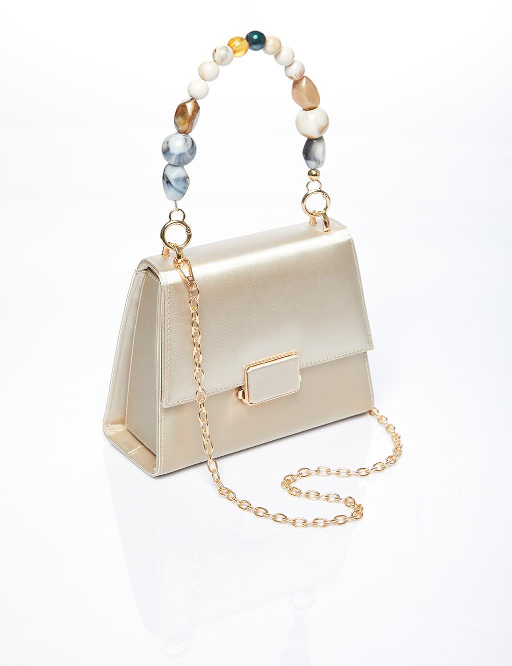 Beaded Cover Satin Bag Cream with Metal Accessories