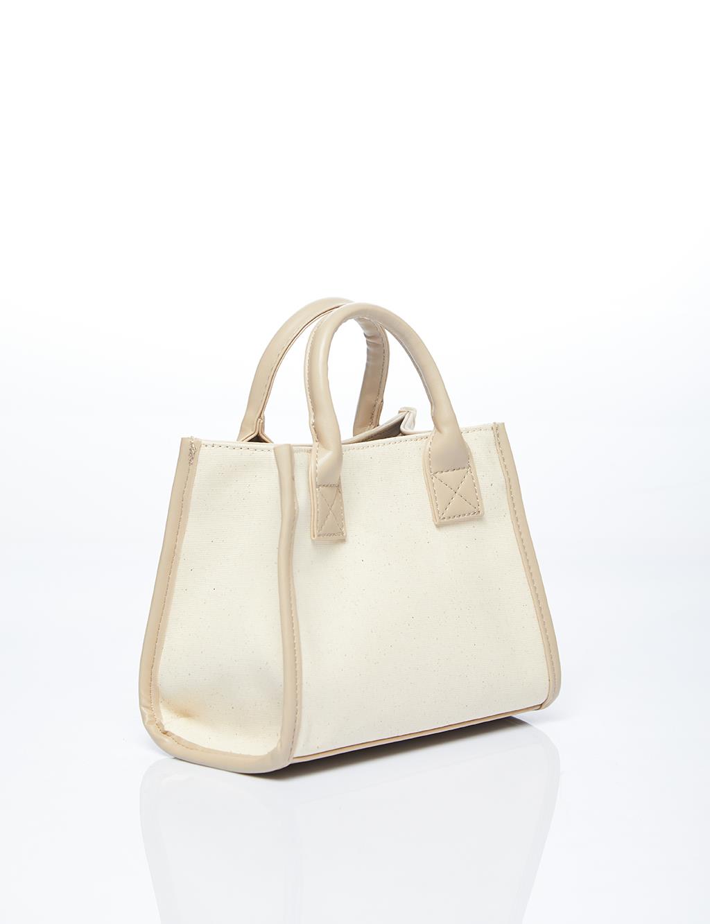 Leather Mixed Tote Bag Cream