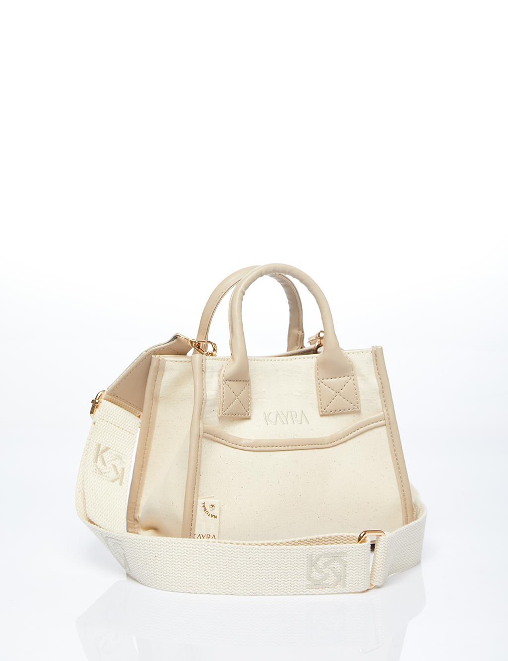 Leather Mixed Tote Bag Cream