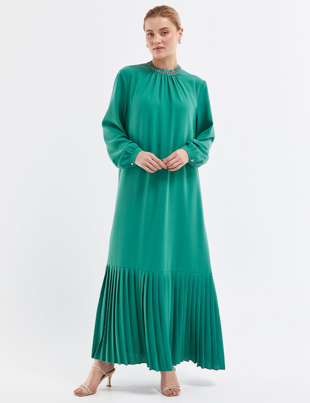 Stone Embroidered Pleated Dress Lake Green