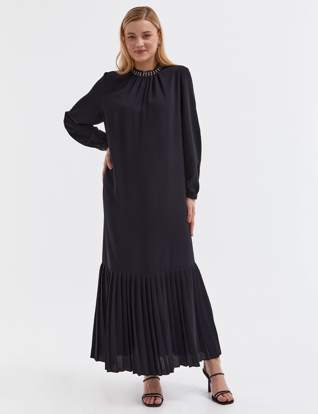 Stone Embroidered Pleated Dress Black
