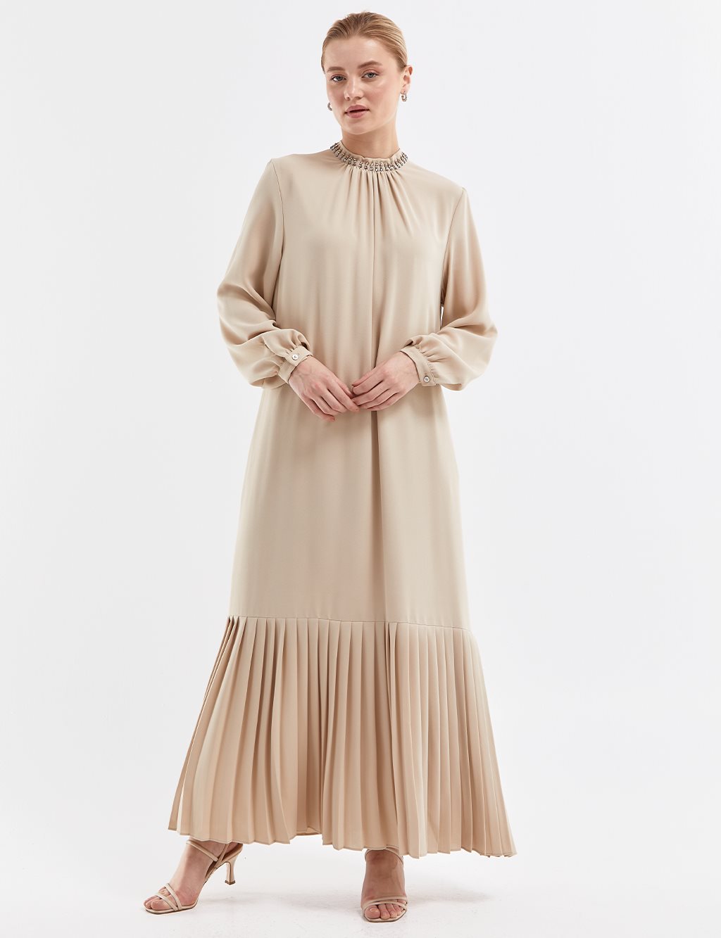 Stone Embroidered Pleated Dress in Beige Sand