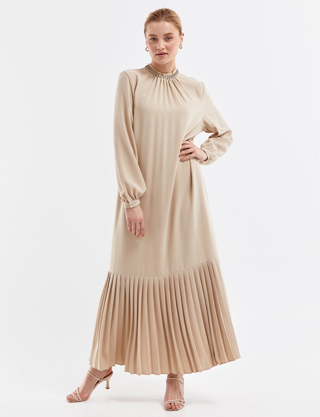 Stone Embroidered Pleated Dress in Beige Sand