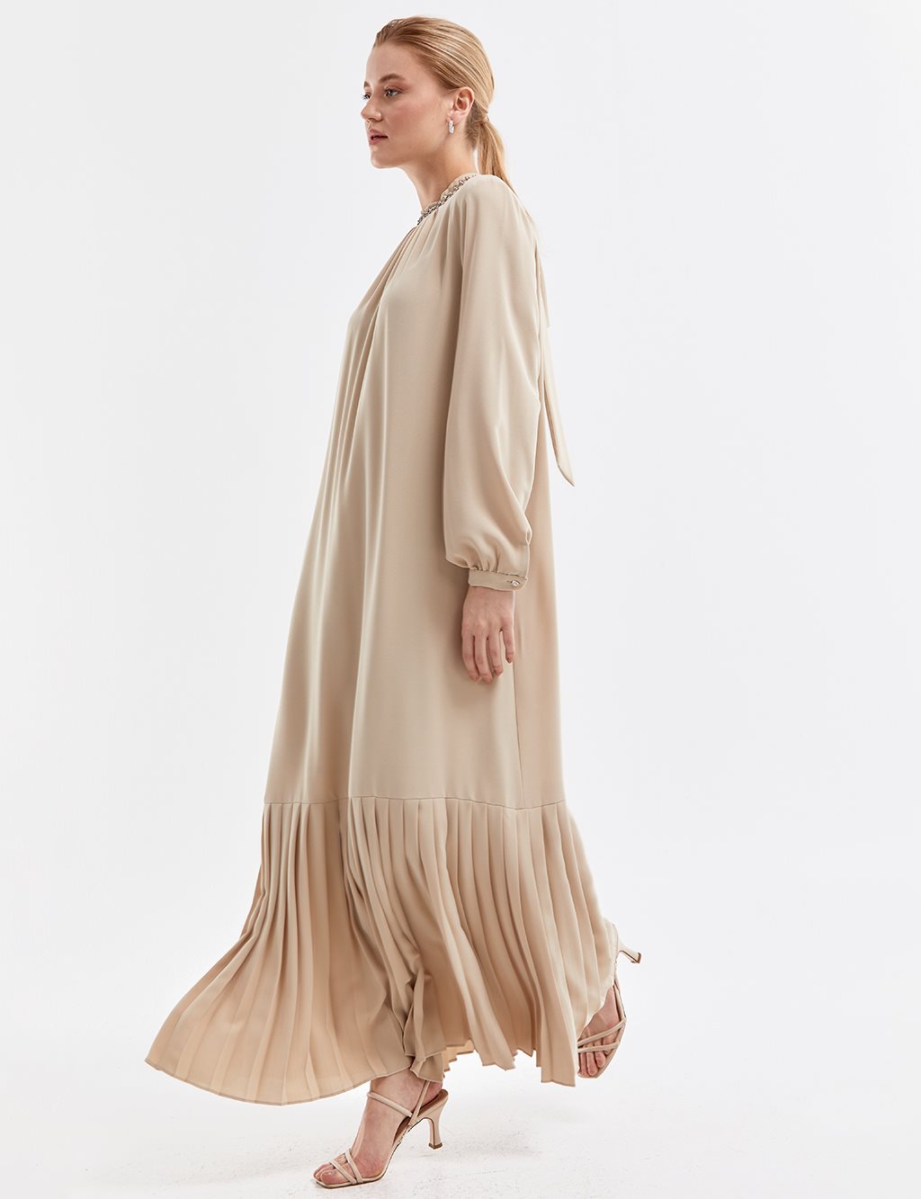 Stone Embroidered Pleated Dress in Beige Sand