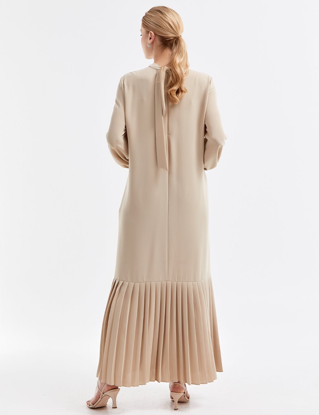 Stone Embroidered Pleated Dress in Beige Sand