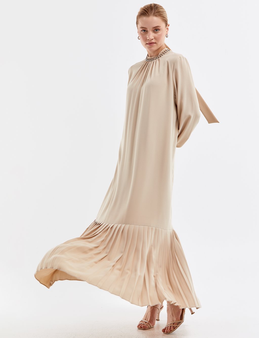 Stone Embroidered Pleated Dress in Beige Sand