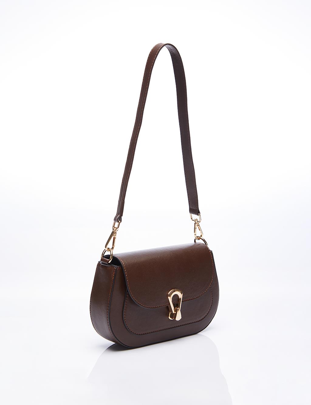 Shoulder Bag with Metal Buckle Brown