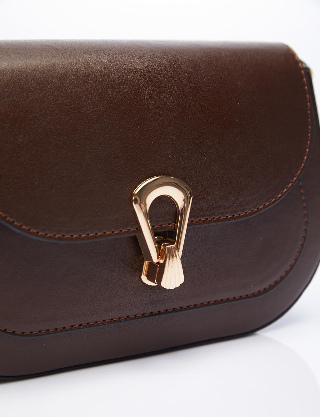 Shoulder Bag with Metal Buckle Brown