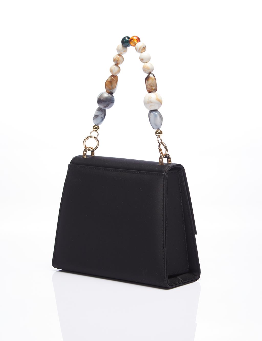 Beaded Cover Satin Bag with Metal Accessories Black