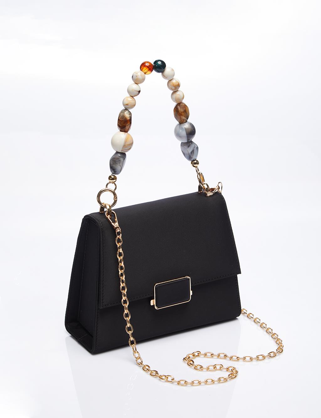 Beaded Cover Satin Bag with Metal Accessories Black