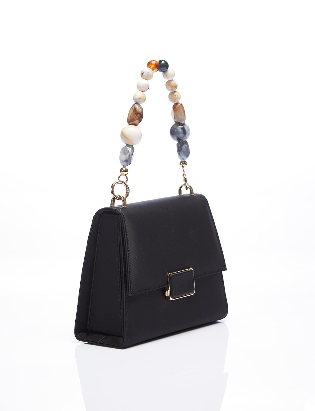 Beaded Cover Satin Bag with Metal Accessories Black