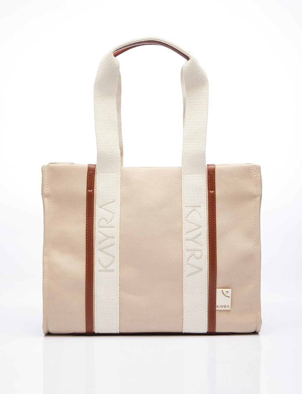 Canvas Tote Bag with Woven Strap Beige-Camel