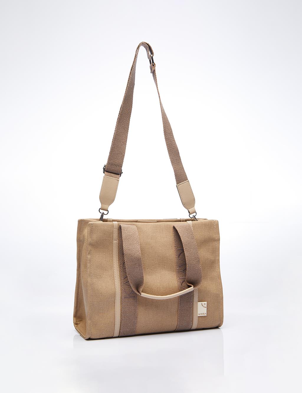 Dokuma Askılı Kanvas Tote Çanta Bej-Vizon