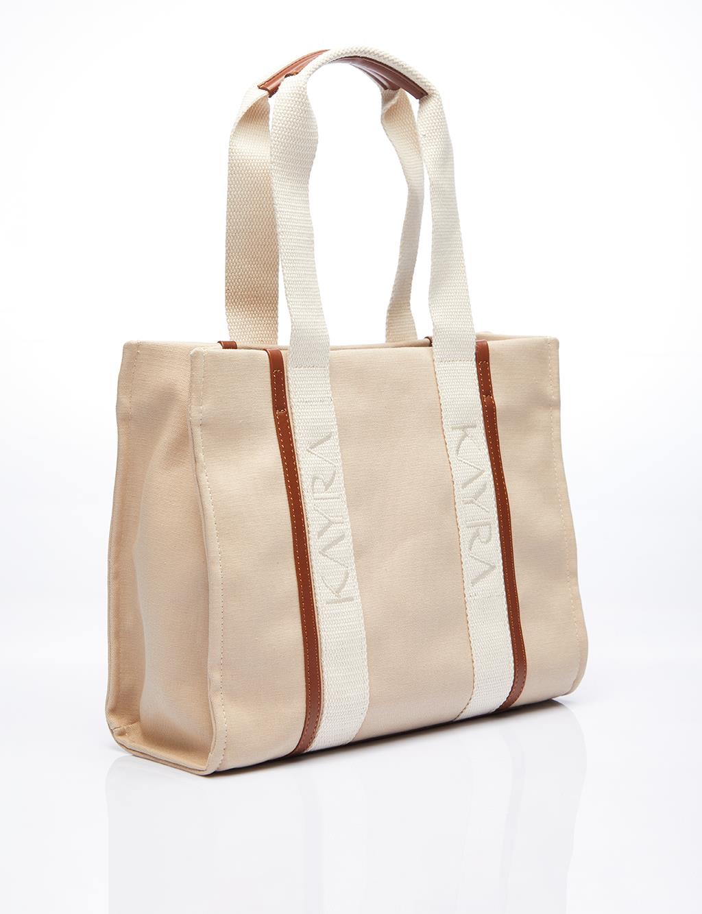 Canvas Tote Bag with Woven Strap Beige-Camel