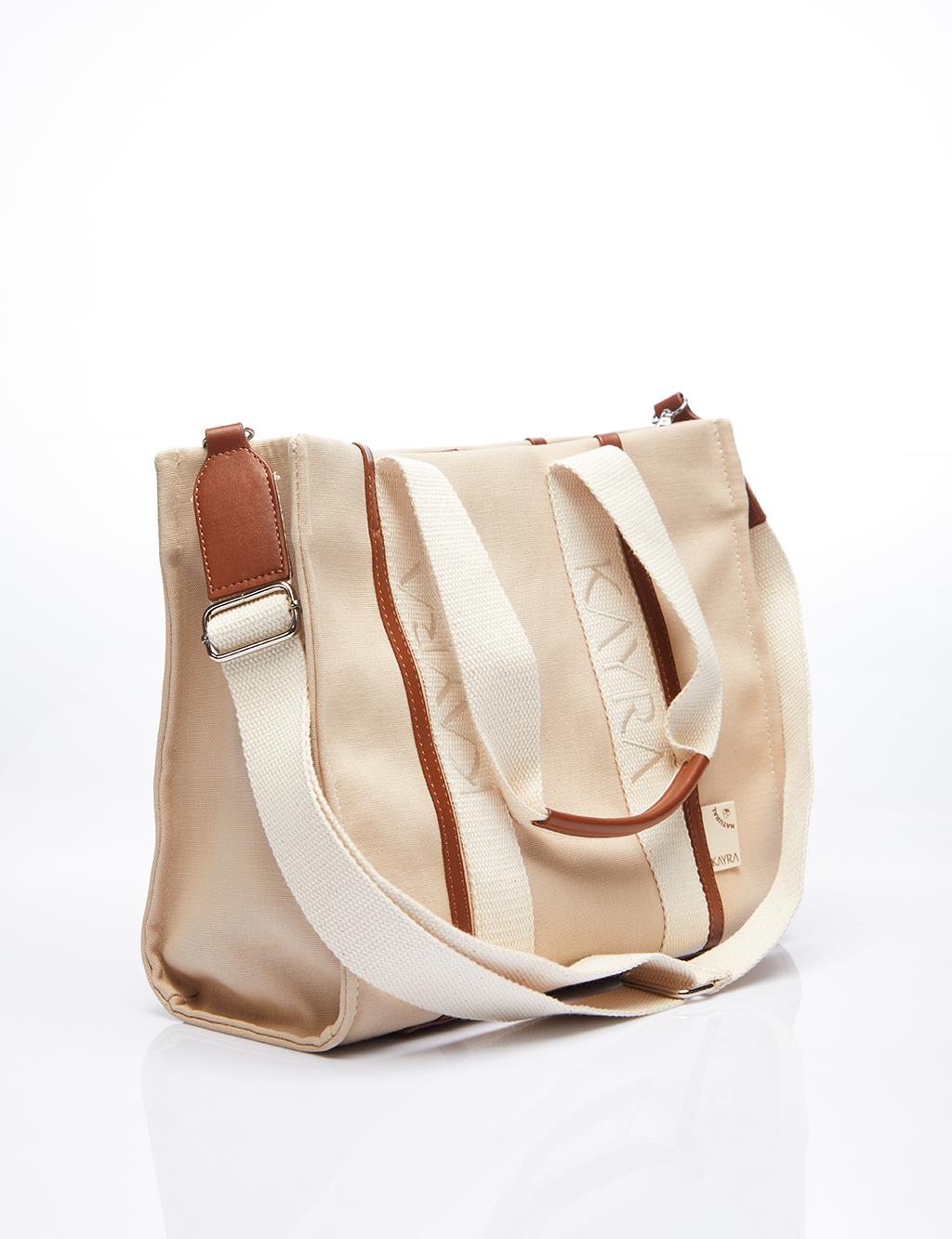 Canvas Tote Bag with Woven Strap Beige-Camel