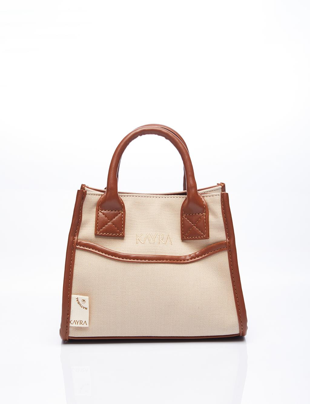 Leather Mixed Tote Bag Beige-Camel