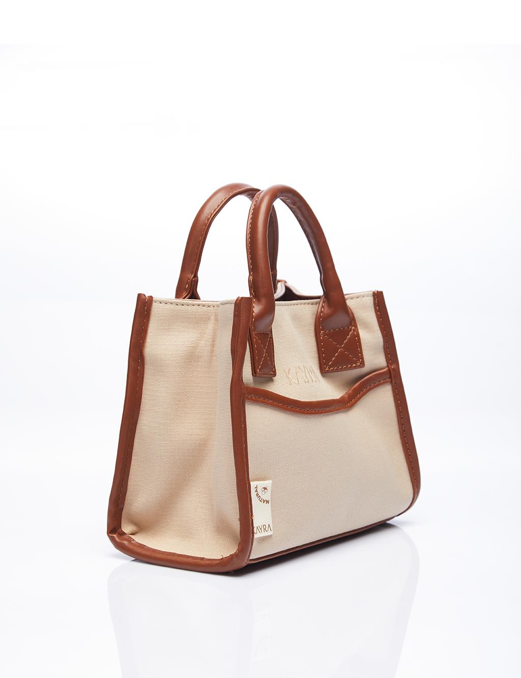 Leather Mixed Tote Bag Beige-Camel