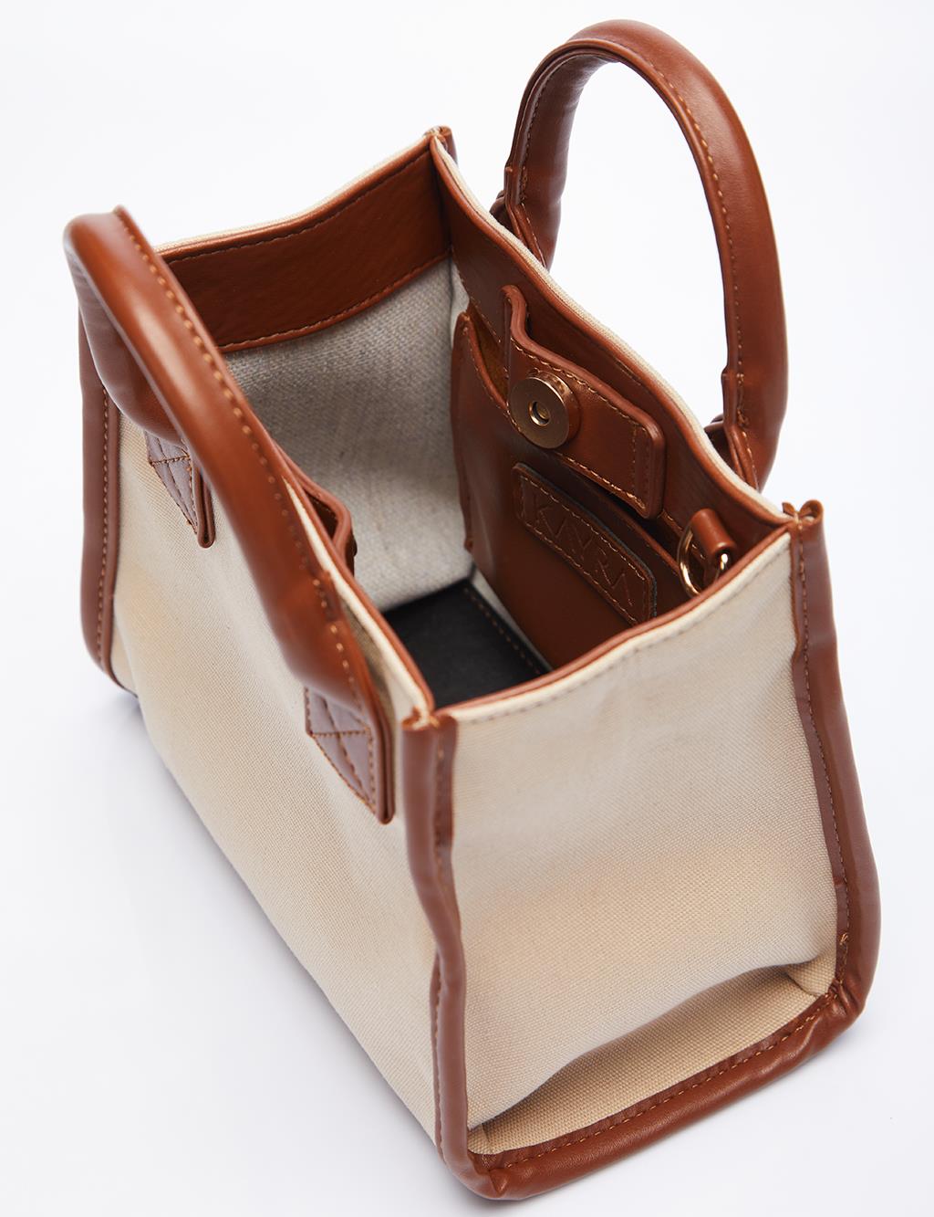 Leather Mixed Tote Bag Beige-Camel