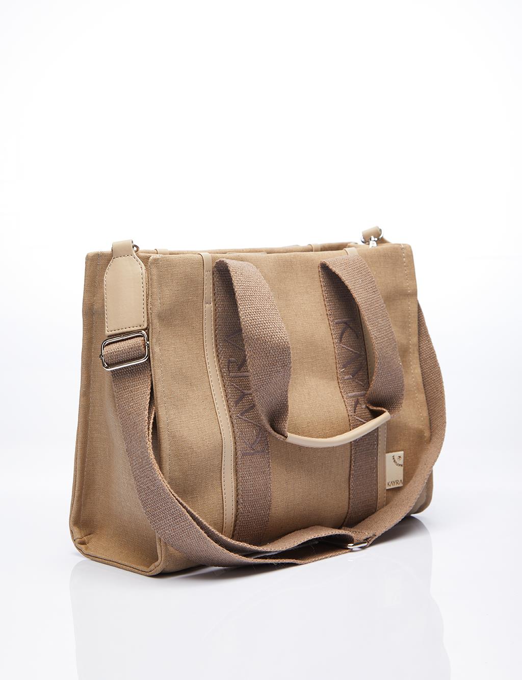 Canvas Tote Bag with Woven Strap Beige-Mink