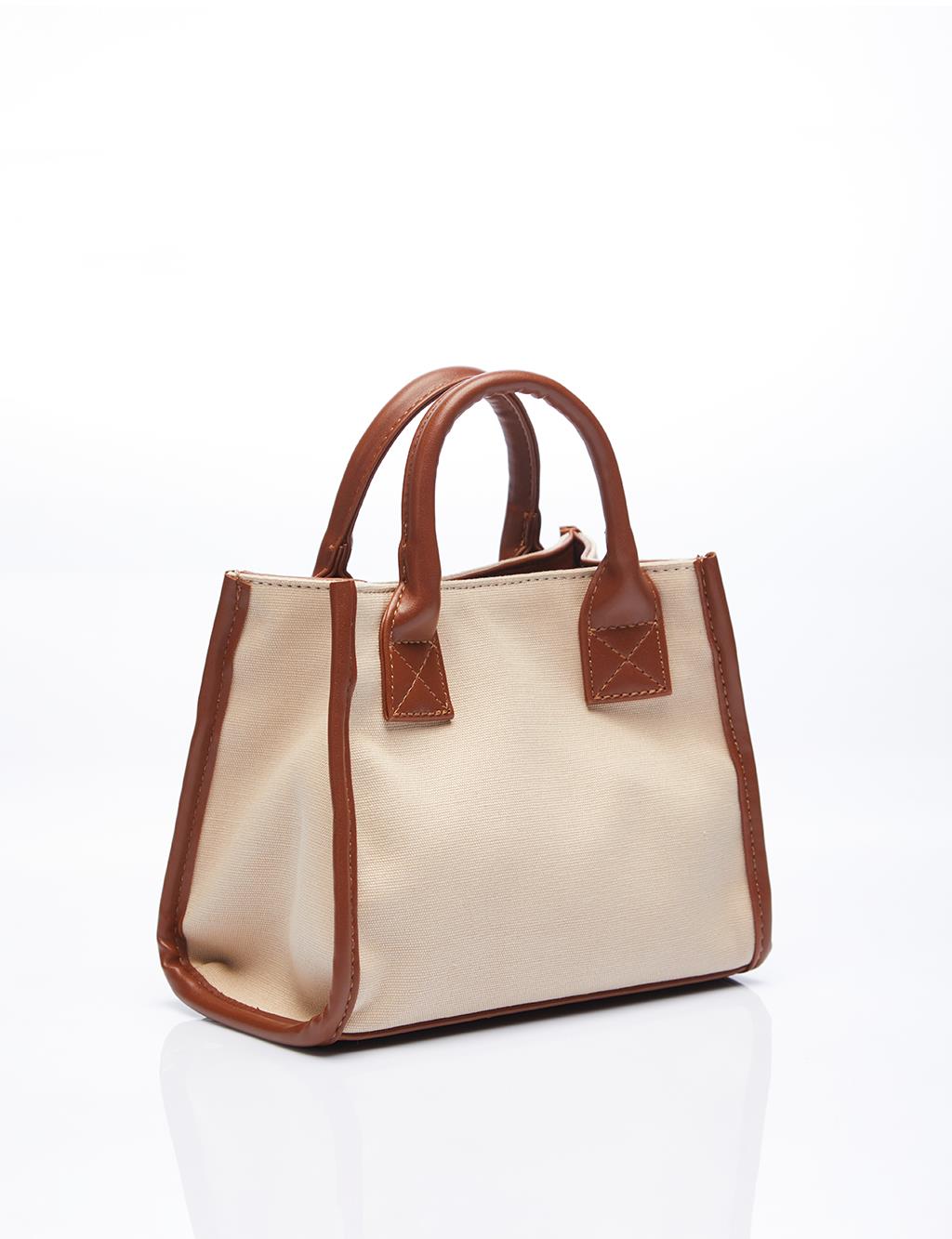 Leather Mixed Tote Bag Beige-Camel