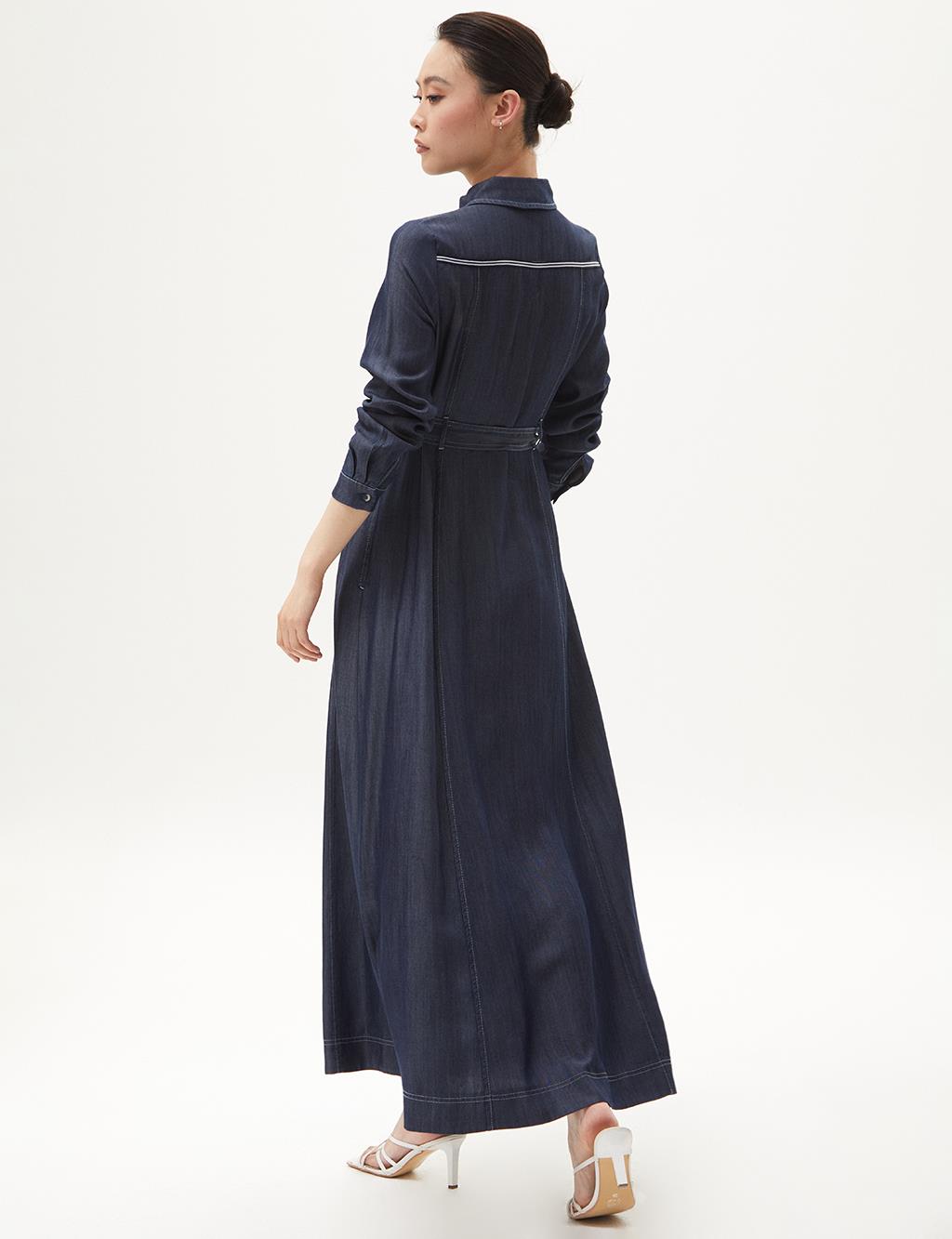 Shirt Collar Lyocell Dress Navy Blue