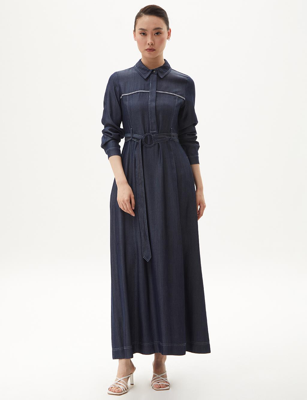 Shirt Collar Lyocell Dress Navy Blue