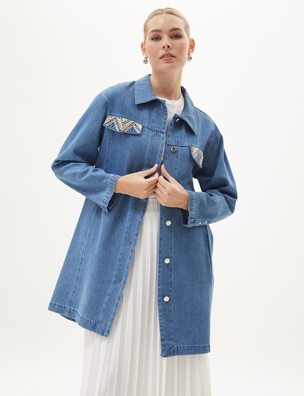 Stone Embellished Denim Jacket Blue