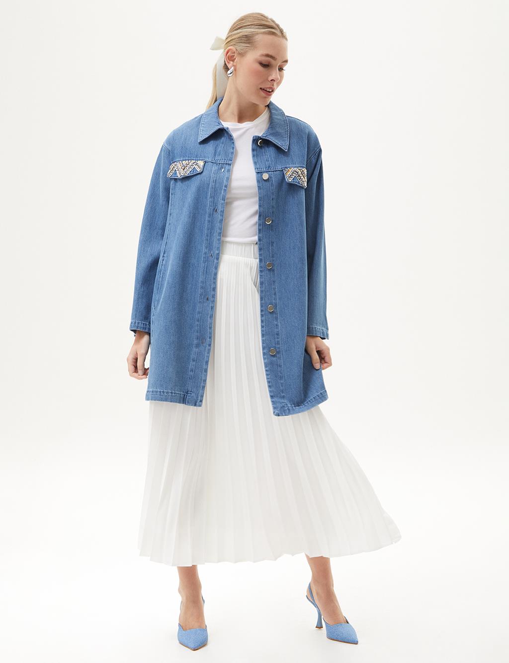 Stone Embroidered Denim Jacket Blue